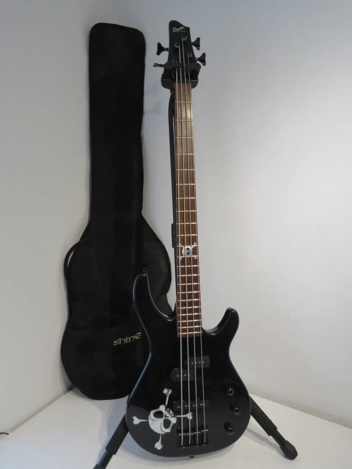 2004 Squier MB4 Skull and Crossbones Bass Guitar in Metallic Black