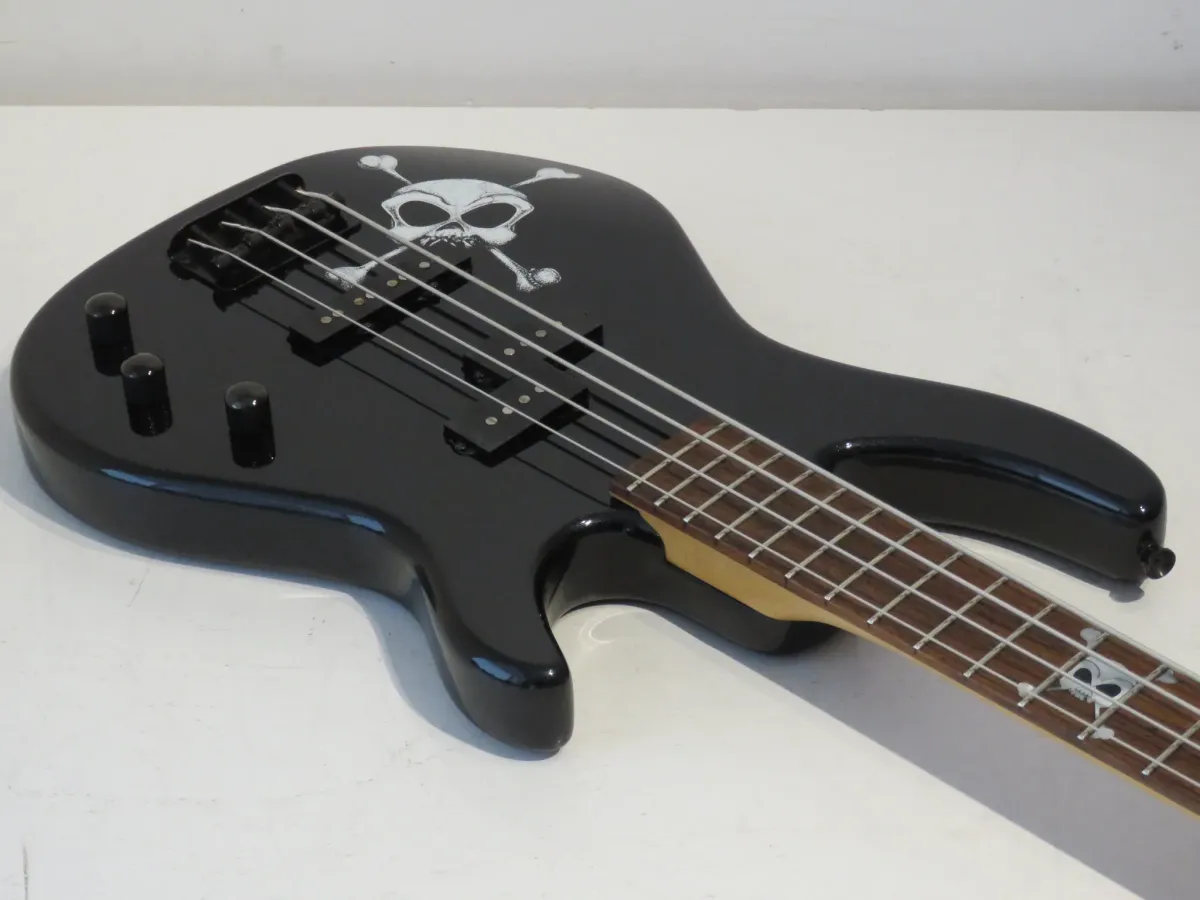 2004 Squier MB4 Skull and Crossbones Bass Guitar in Metallic Black