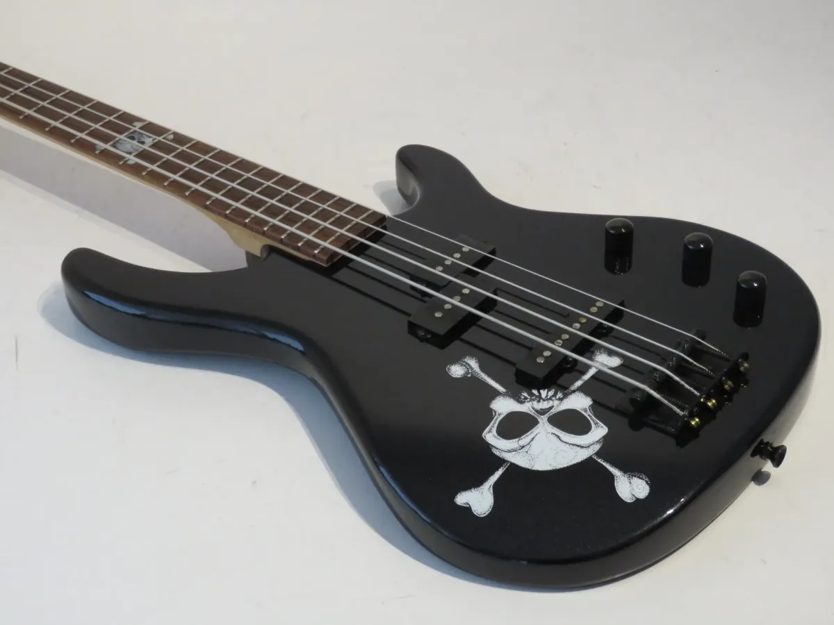 2004 Squier MB4 Skull and Crossbones Bass Guitar in Metallic Black