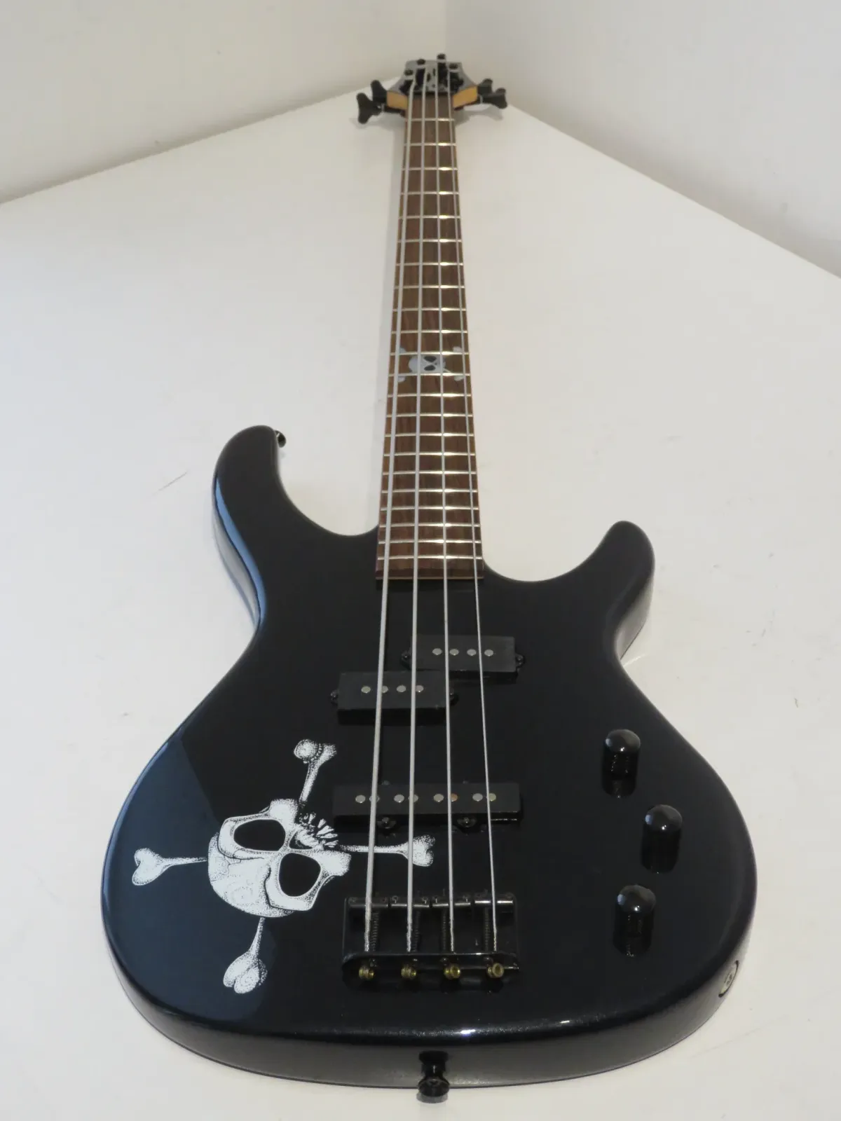 2004 Squier MB4 Skull and Crossbones Bass Guitar in Metallic Black